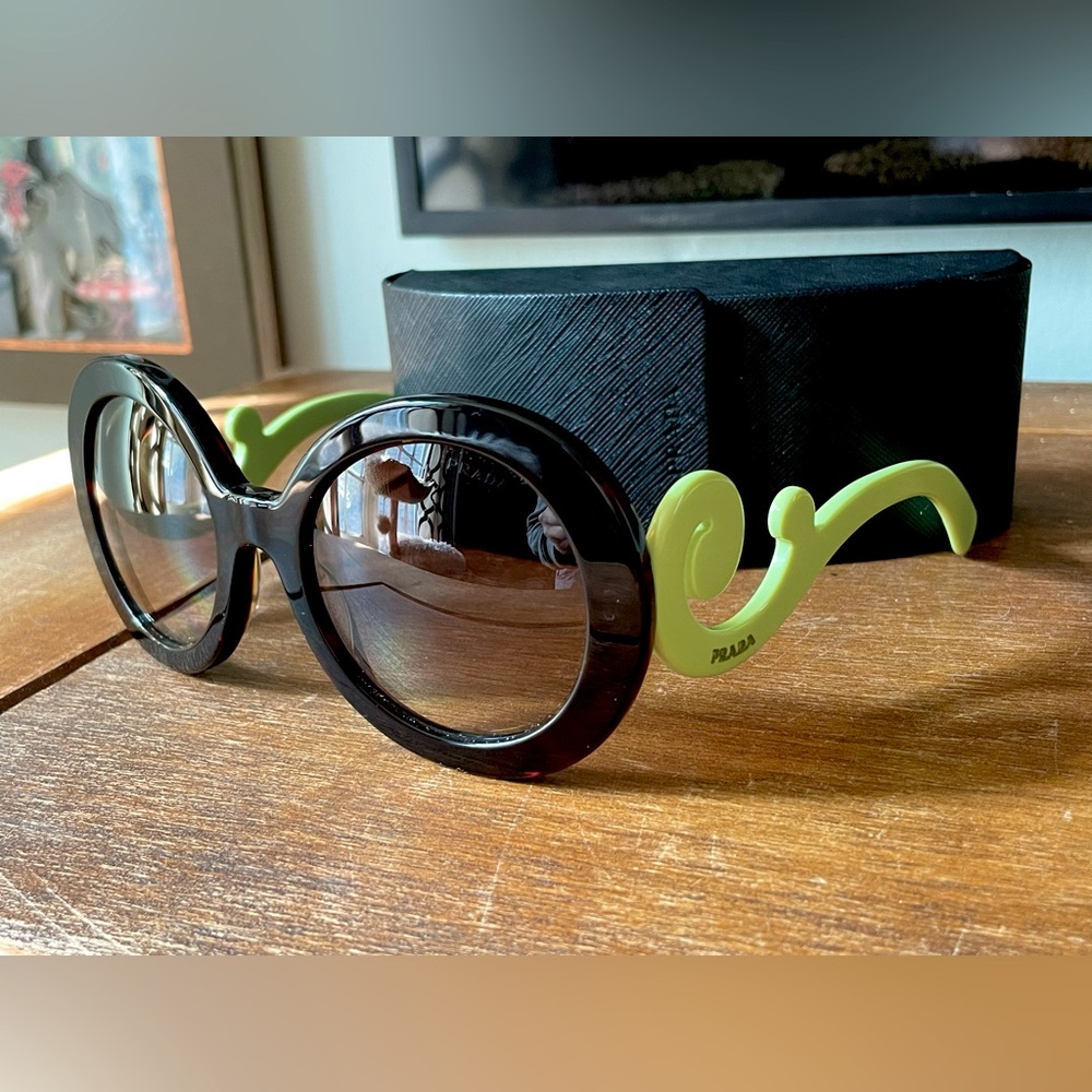 Prada Sunglasses Baroque Swirl Brown Tortoiseshell Lime Green Round SPR 27N